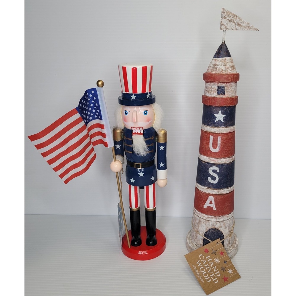 Uncle Sam Nutcracker & USA Lighthouse 4th of‎ July Patriotic Wood Decor Flag New